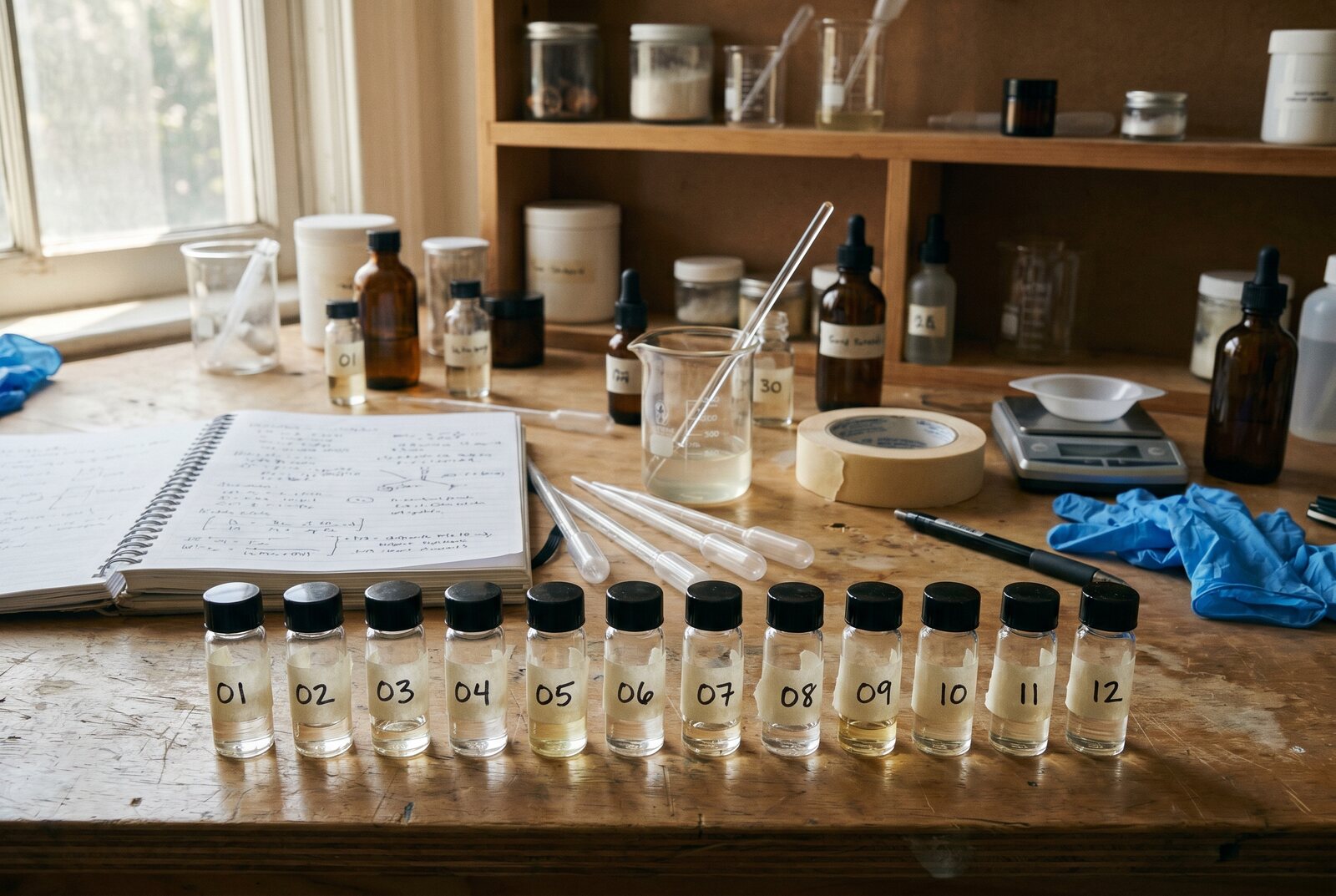 Numbered lash serum test vials used for The Lash List methodology review