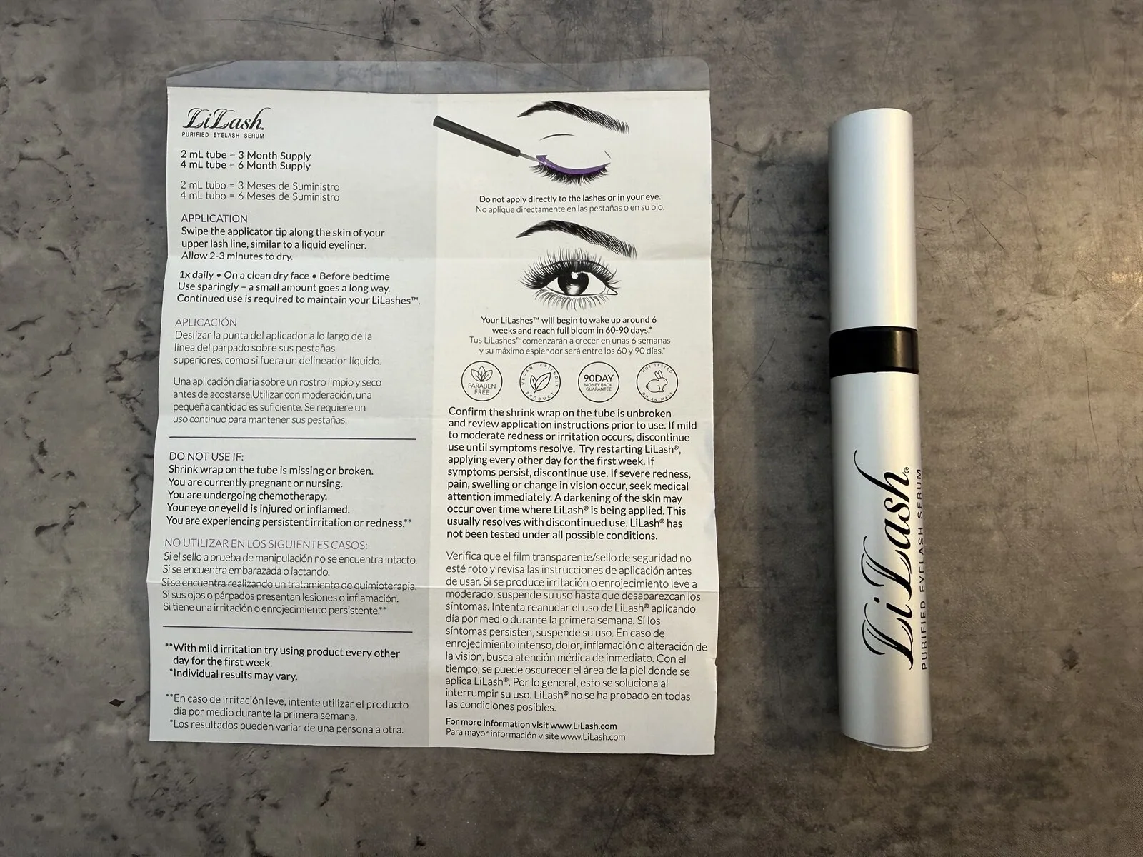 LiLash unfolded directions and warning leaflet photographed by The Lash List