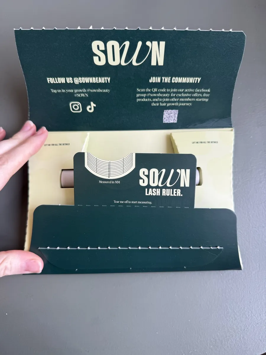 SOWN direct-order fold-out shipping and retail packaging photographed by The Lash List