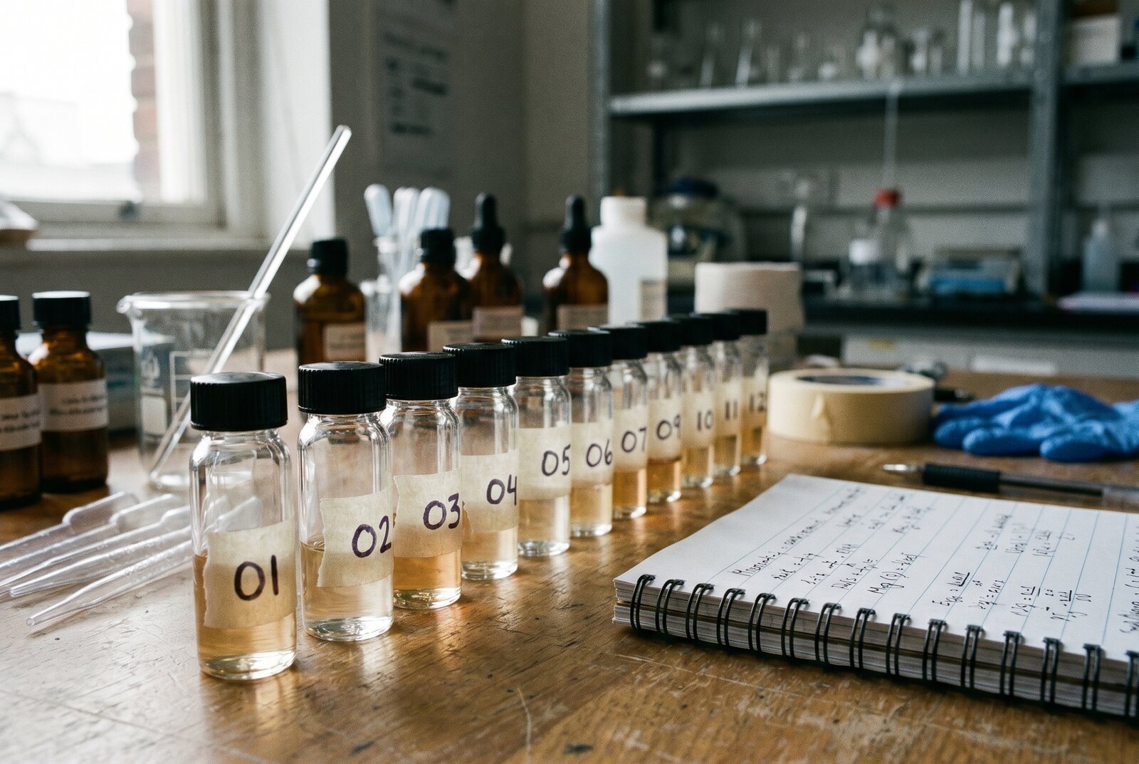 Numbered lash serum vials arranged for The Lash List testing process